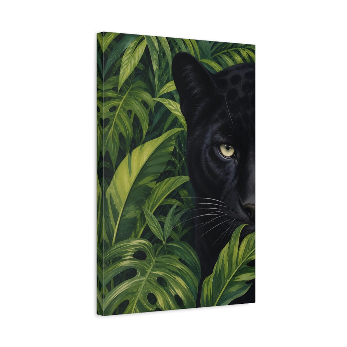 Side Mockup 3. Animals Black Panther Black Panther Green shown as stretched canvas wall art