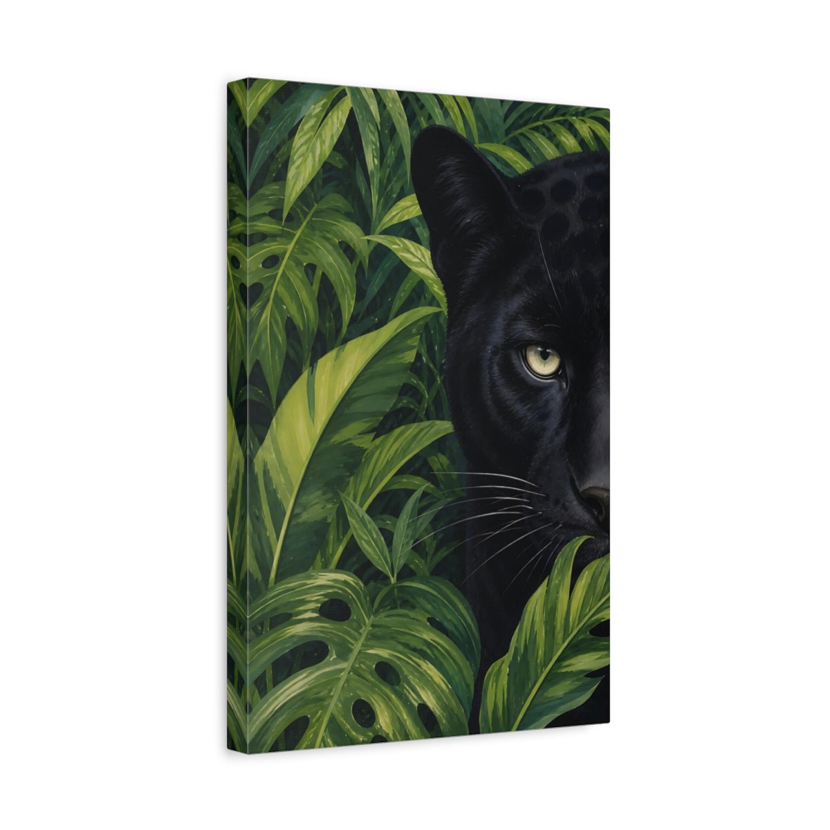 Side Mockup 4. Animals Black Panther Black Panther Green shown as stretched canvas wall art