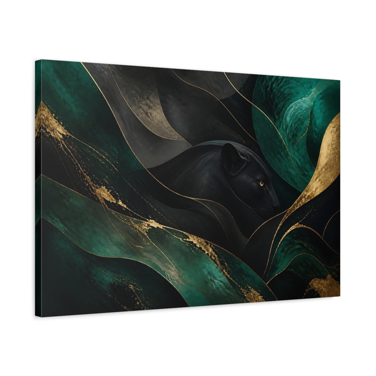 Side Mockup 2. Animals Black Panther Black Green Gold shown as stretched canvas wall art