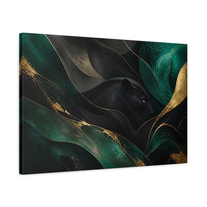 Side Mockup 2. Animals Black Panther Black Green Gold shown as stretched canvas wall art