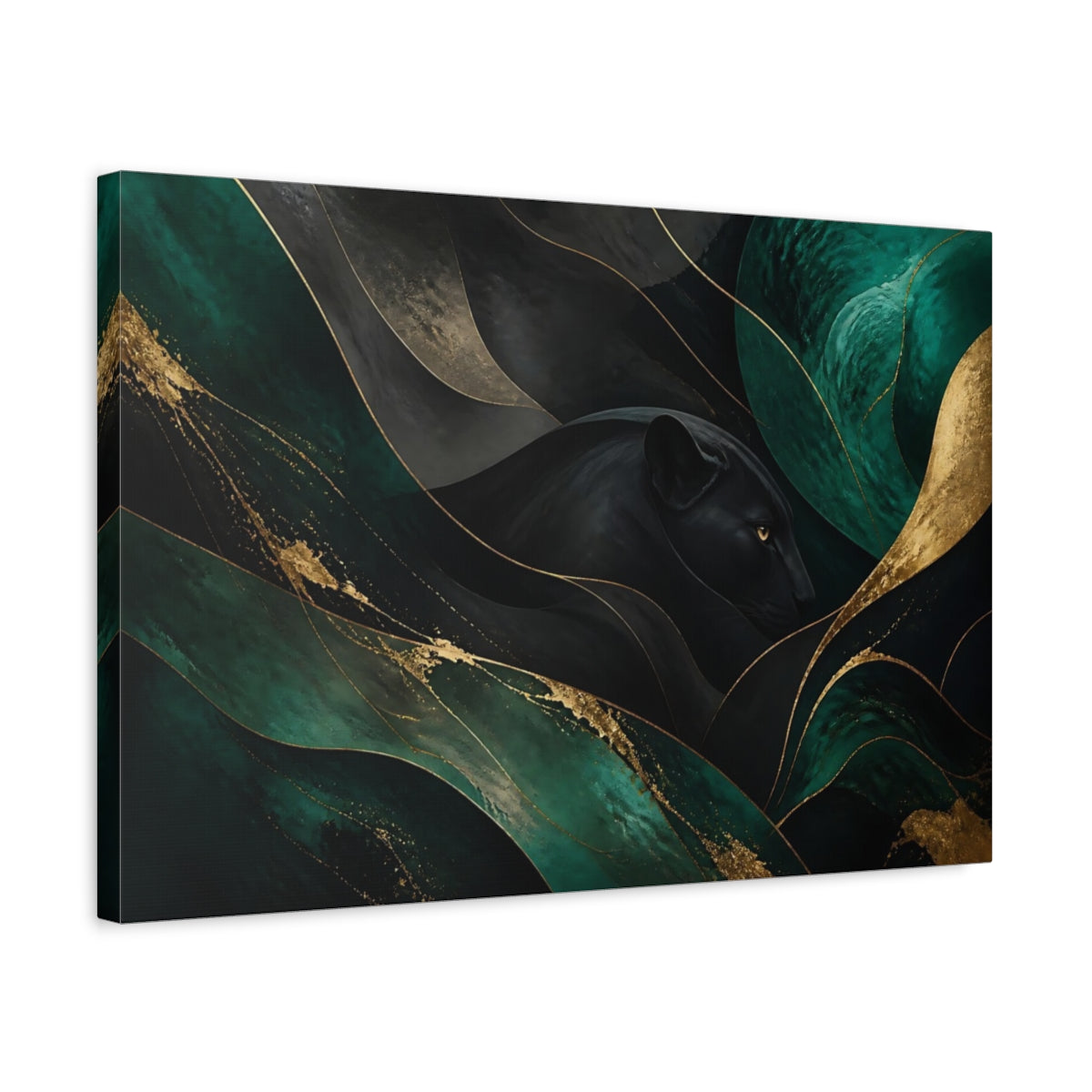 Side Mockup 3. Animals Black Panther Black Green Gold shown as stretched canvas wall art
