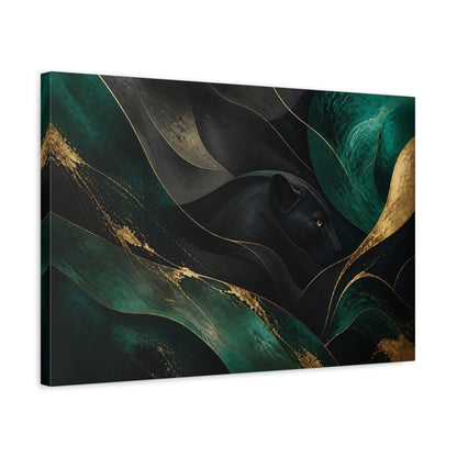 Side Mockup 3. Animals Black Panther Black Green Gold shown as stretched canvas wall art