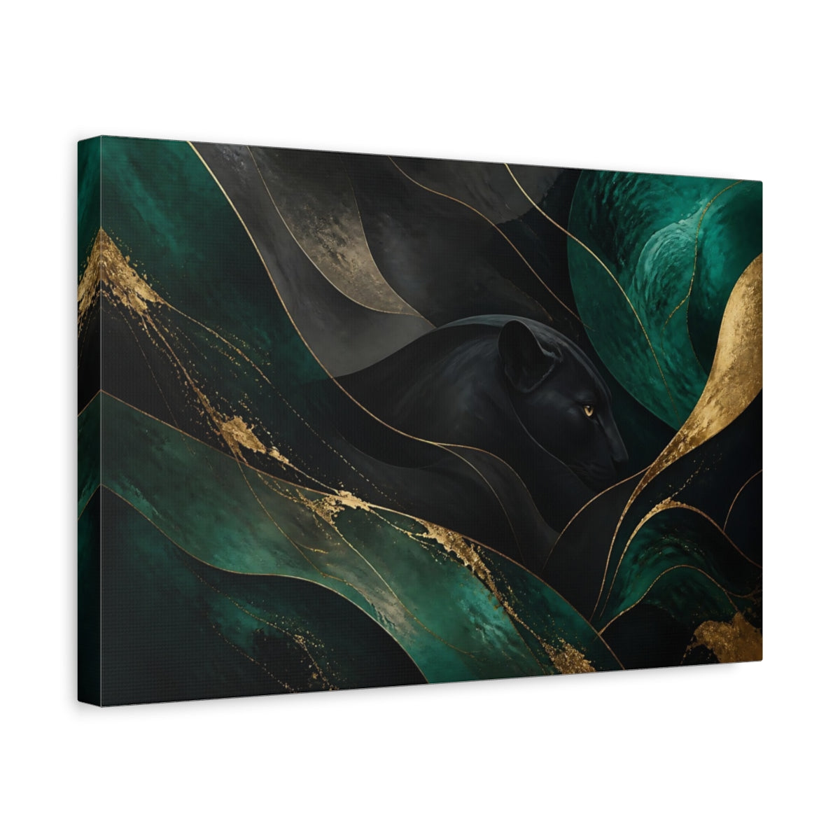 Side Mockup 4. Animals Black Panther Black Green Gold shown as stretched canvas wall art