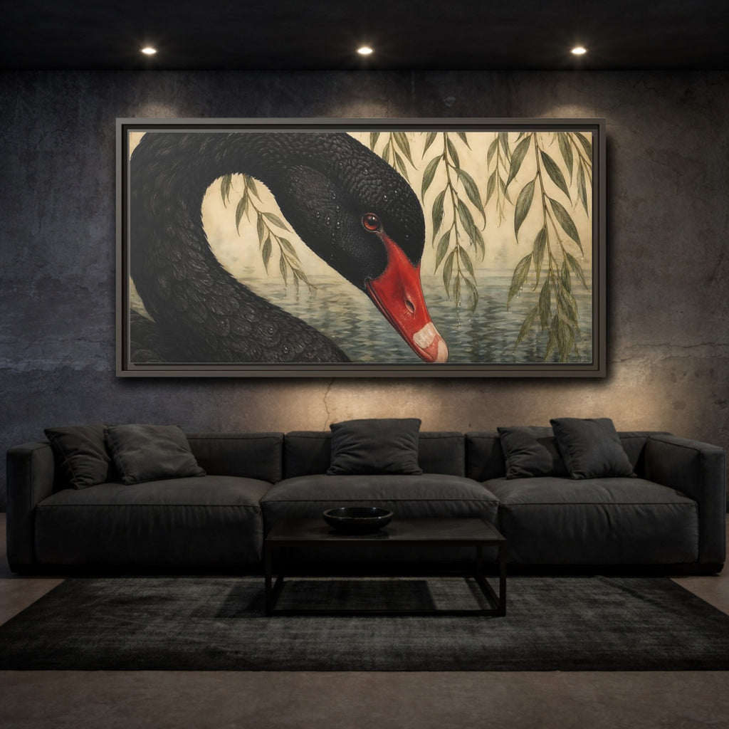 Mockup 3. Animals Black Swan Black Swan Willow shown as stretched canvas wall art