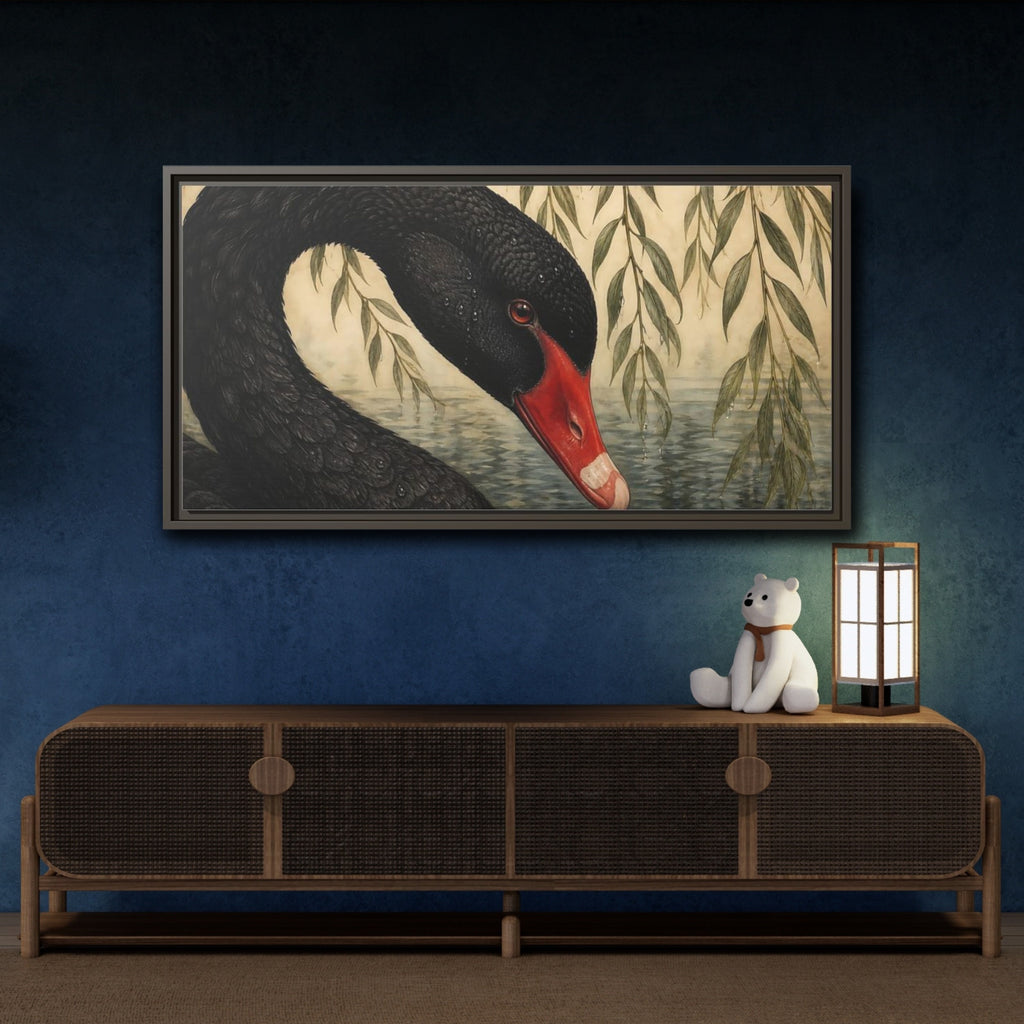 Mockup 4. Animals Black Swan Black Swan Willow shown as stretched canvas wall art