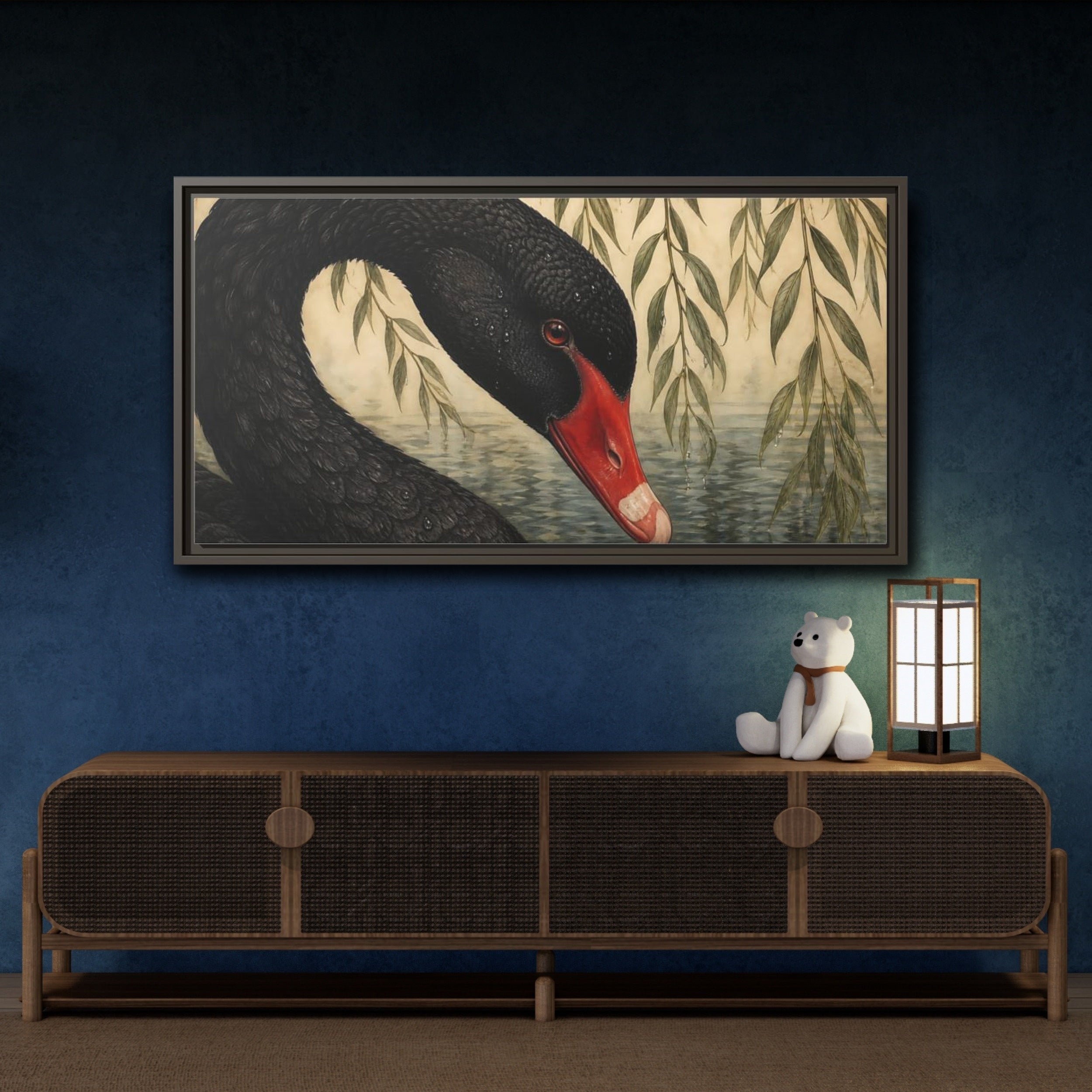 Mockup 4. Animals Black Swan Black Swan Willow shown as stretched canvas wall art