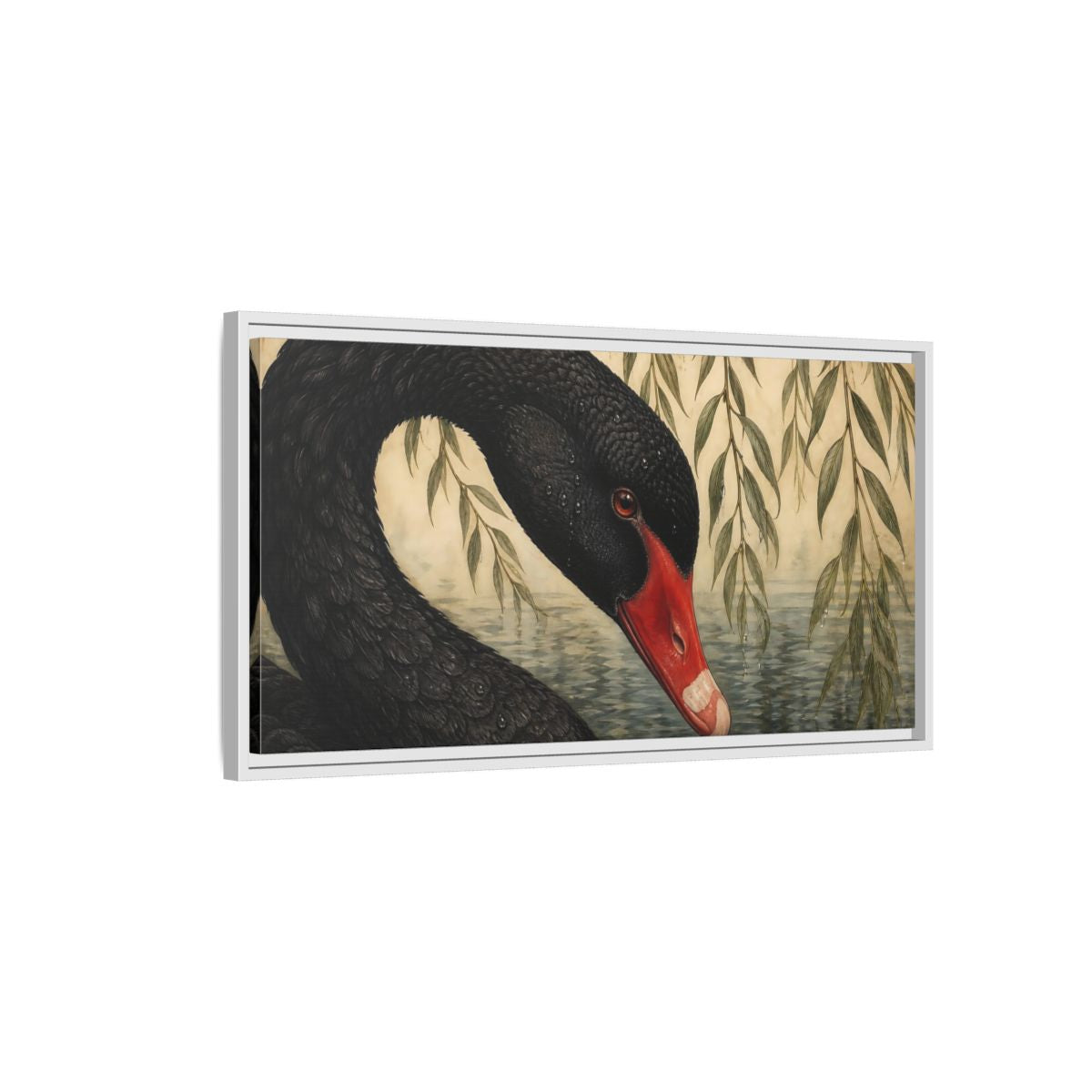 Side Mockup 1. Animals Black Swan Black Swan Willow shown as stretched canvas wall art