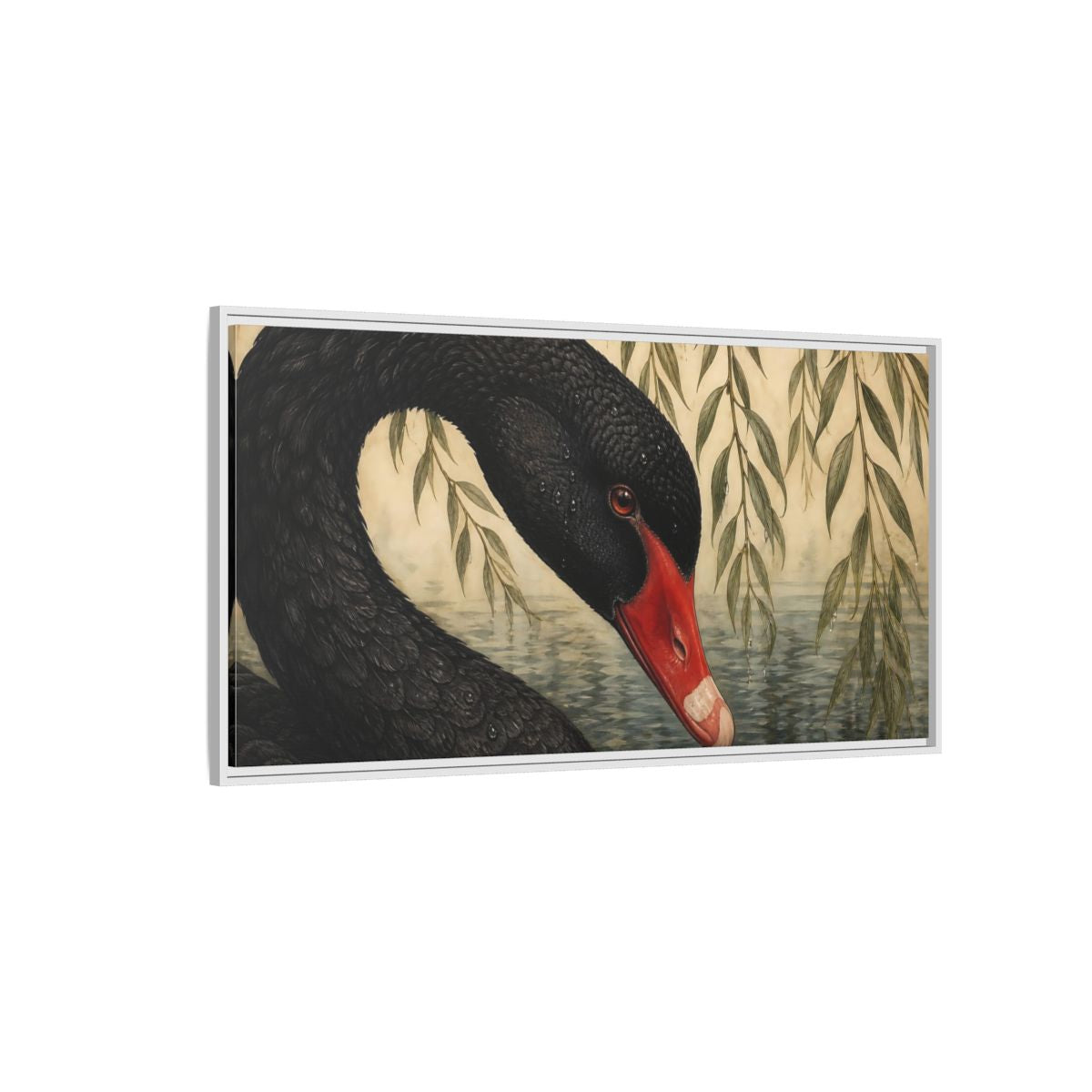Side Mockup 3. Animals Black Swan Black Swan Willow shown as stretched canvas wall art