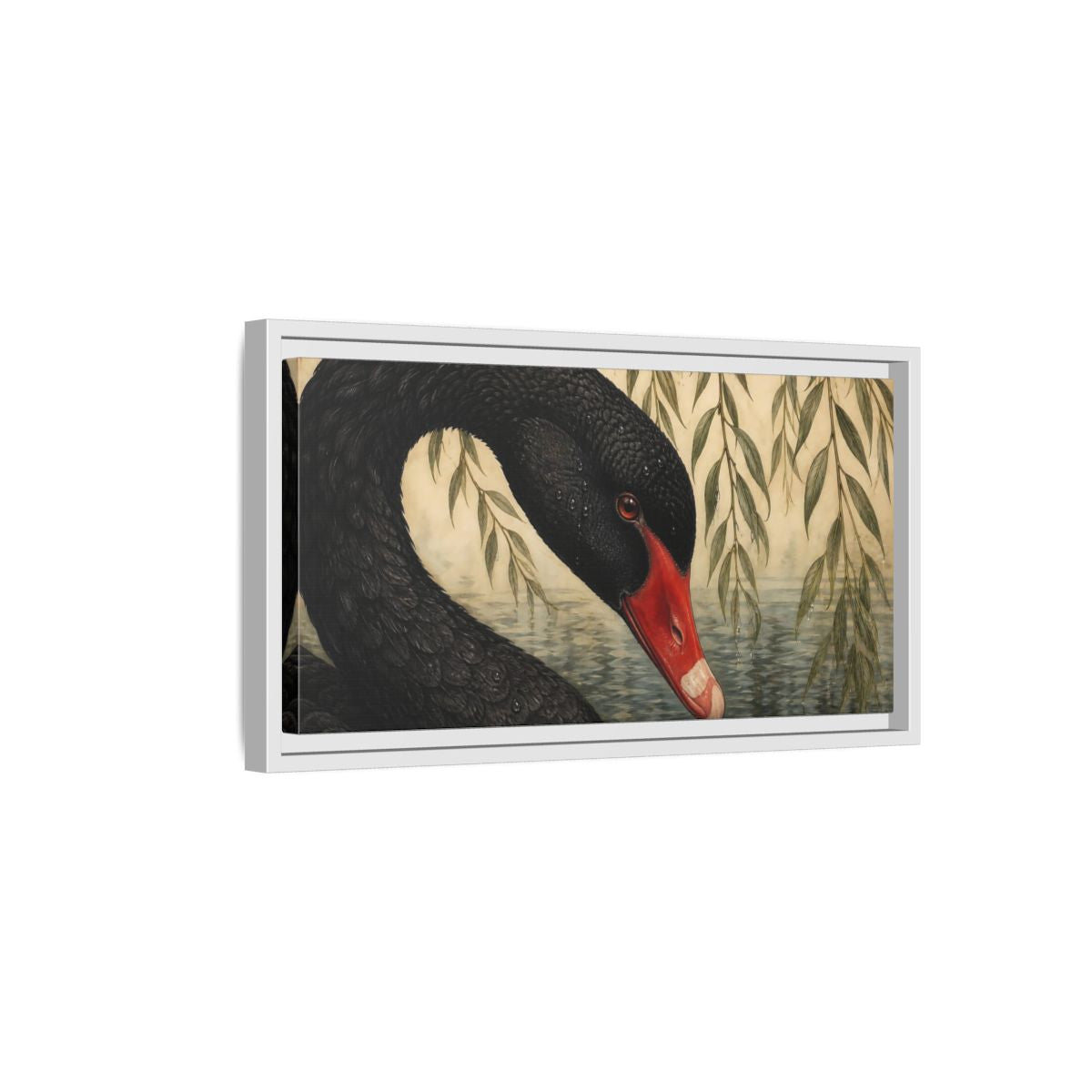 Side Mockup 6. Animals Black Swan Black Swan Willow shown as stretched canvas wall art