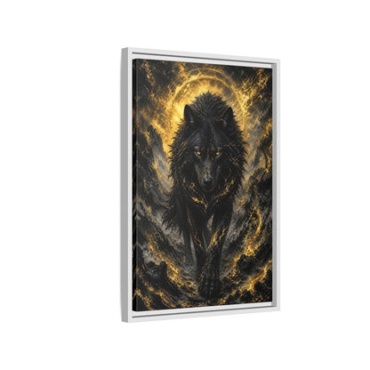 Side Mockup 1. Animals Black Wolf Black And Gold shown as stretched canvas wall art