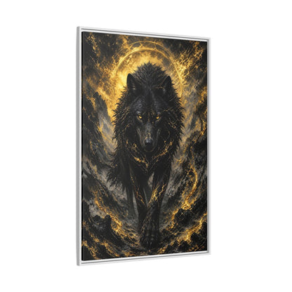 Side Mockup 7. Animals Black Wolf Black And Gold shown as stretched canvas wall art