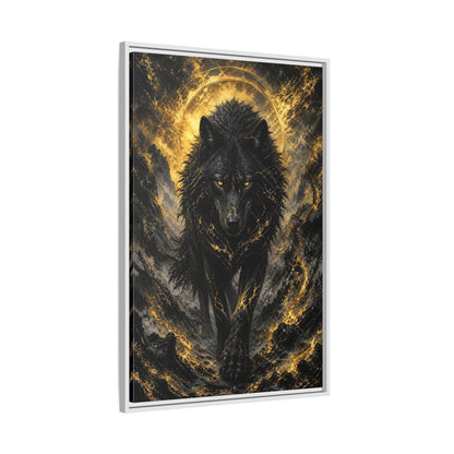 Side Mockup 9. Animals Black Wolf Black And Gold shown as stretched canvas wall art