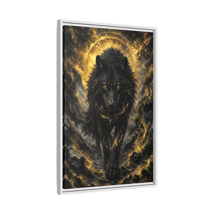 Side Mockup 10. Animals Black Wolf Black And Gold shown as stretched canvas wall art