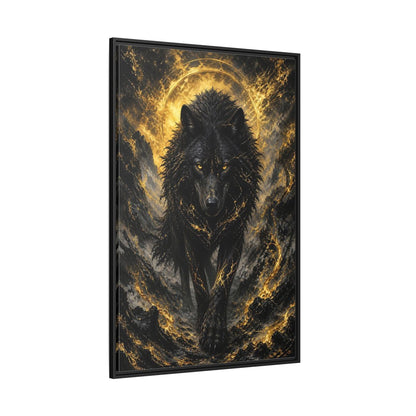 Side Mockup 12. Animals Black Wolf Black And Gold shown as stretched canvas wall art