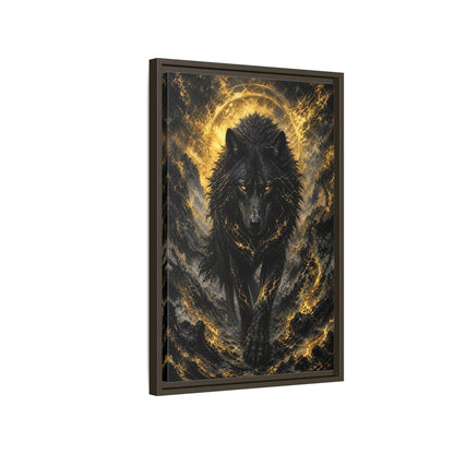 Side Mockup 2. Animals Black Wolf Black And Gold shown as stretched canvas wall art