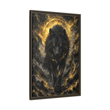 Side Mockup 11. Animals Black Wolf Black And Gold shown as stretched canvas wall art