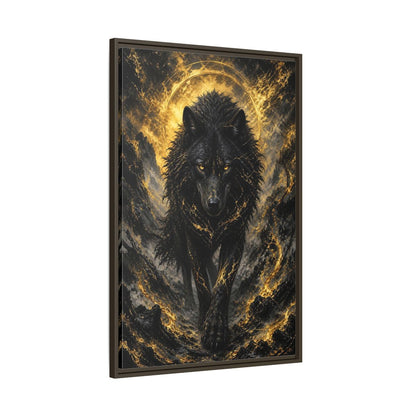 Main Mockup. Animals Black Wolf Black And Gold shown as stretched canvas wall art