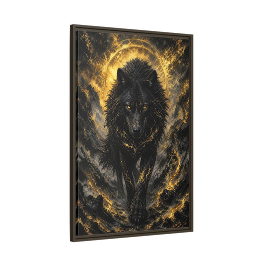 Main Mockup. Animals Black Wolf Black And Gold shown as stretched canvas wall art