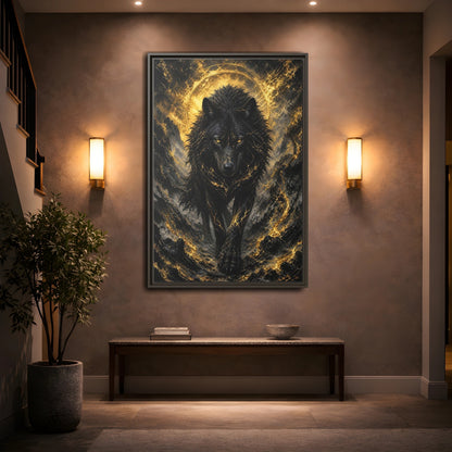 Mockup 2. Animals Black Wolf Black And Gold shown as stretched canvas wall art