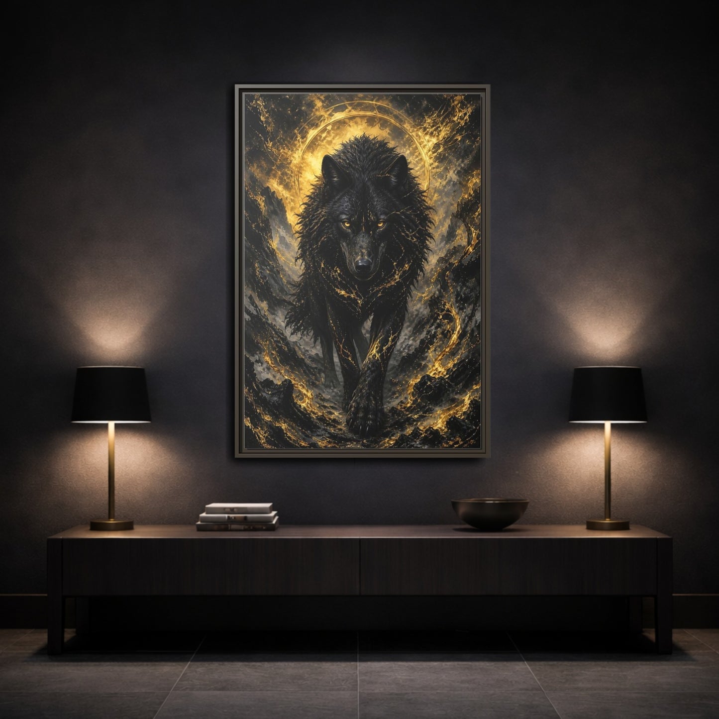 Mockup 3. Animals Black Wolf Black And Gold shown as stretched canvas wall art