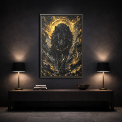 Mockup 3. Animals Black Wolf Black And Gold shown as stretched canvas wall art