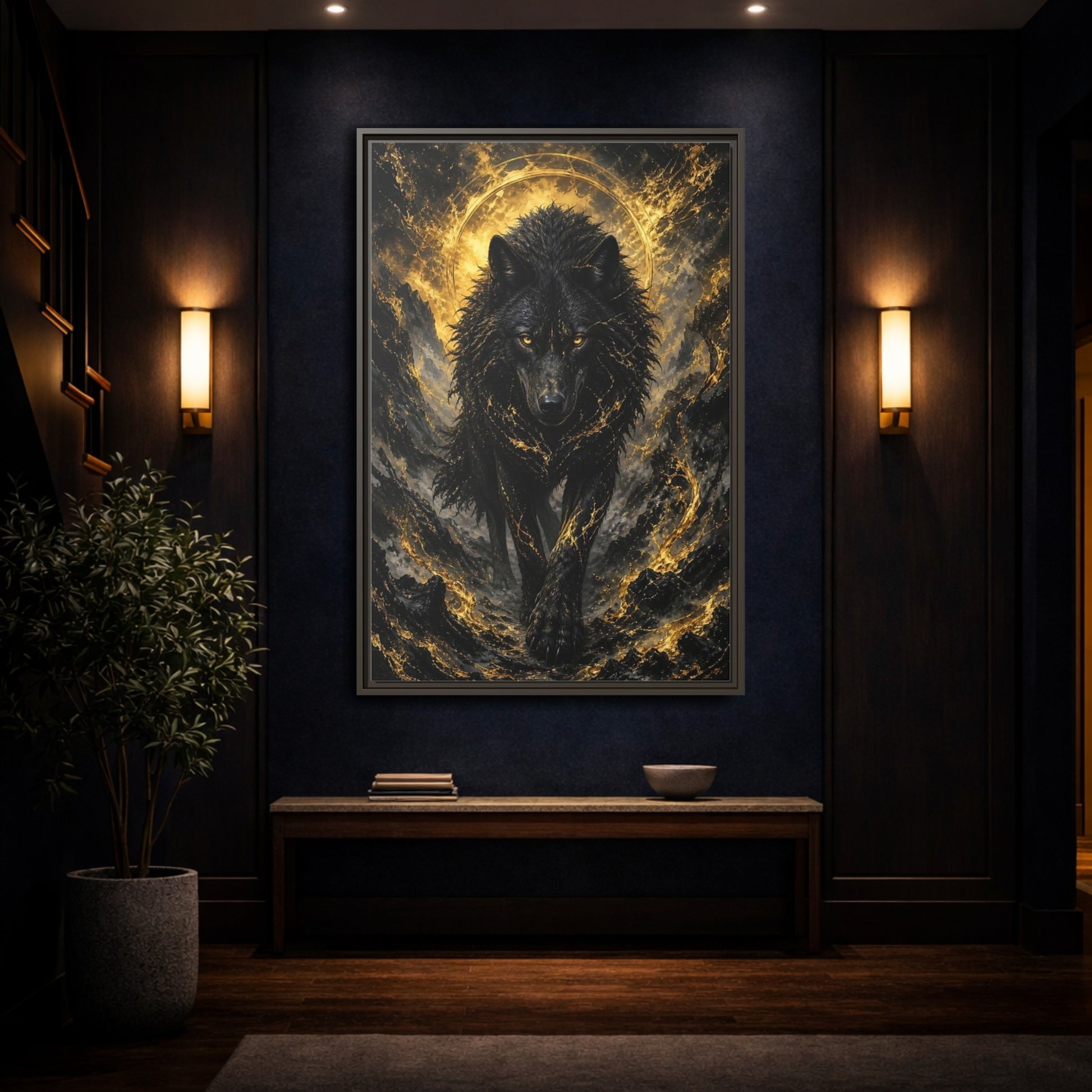 Mockup 4. Animals Black Wolf Black And Gold shown as stretched canvas wall art