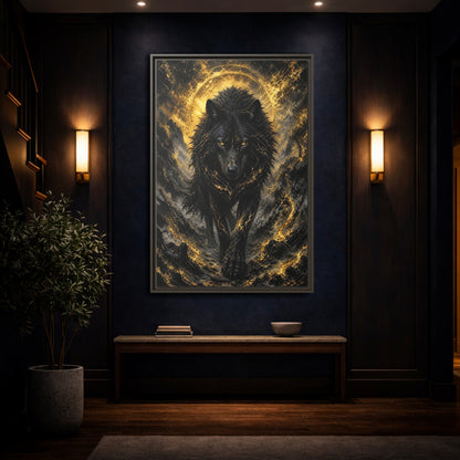 Mockup 4. Animals Black Wolf Black And Gold shown as stretched canvas wall art