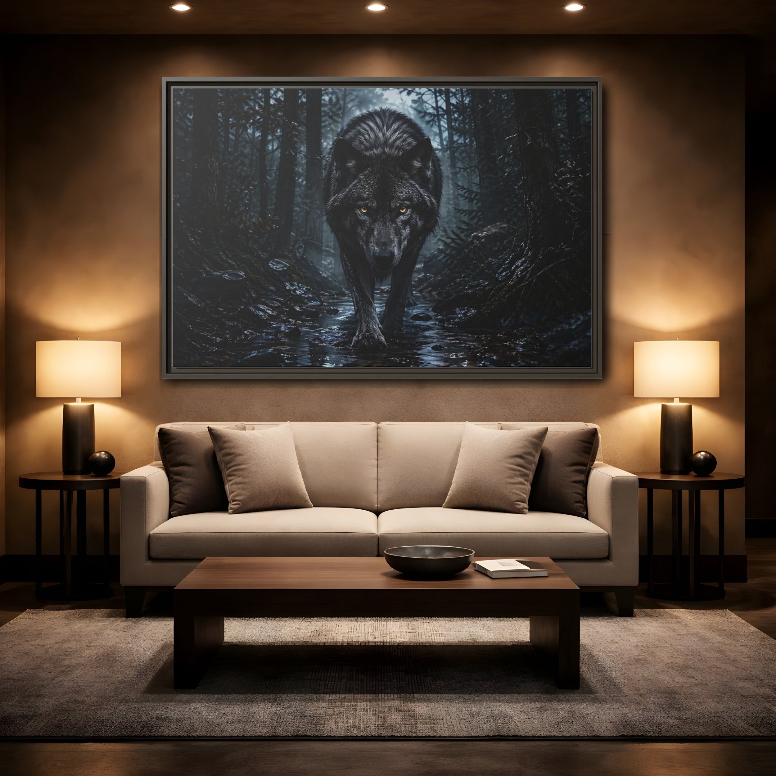 Mockup 2. Animals Black Wolf Black Wolf shown as stretched canvas wall art