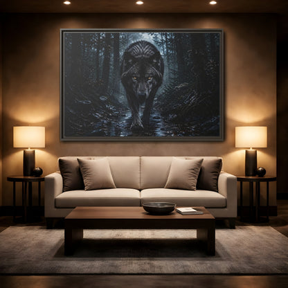 Mockup 2. Animals Black Wolf Black Wolf shown as stretched canvas wall art