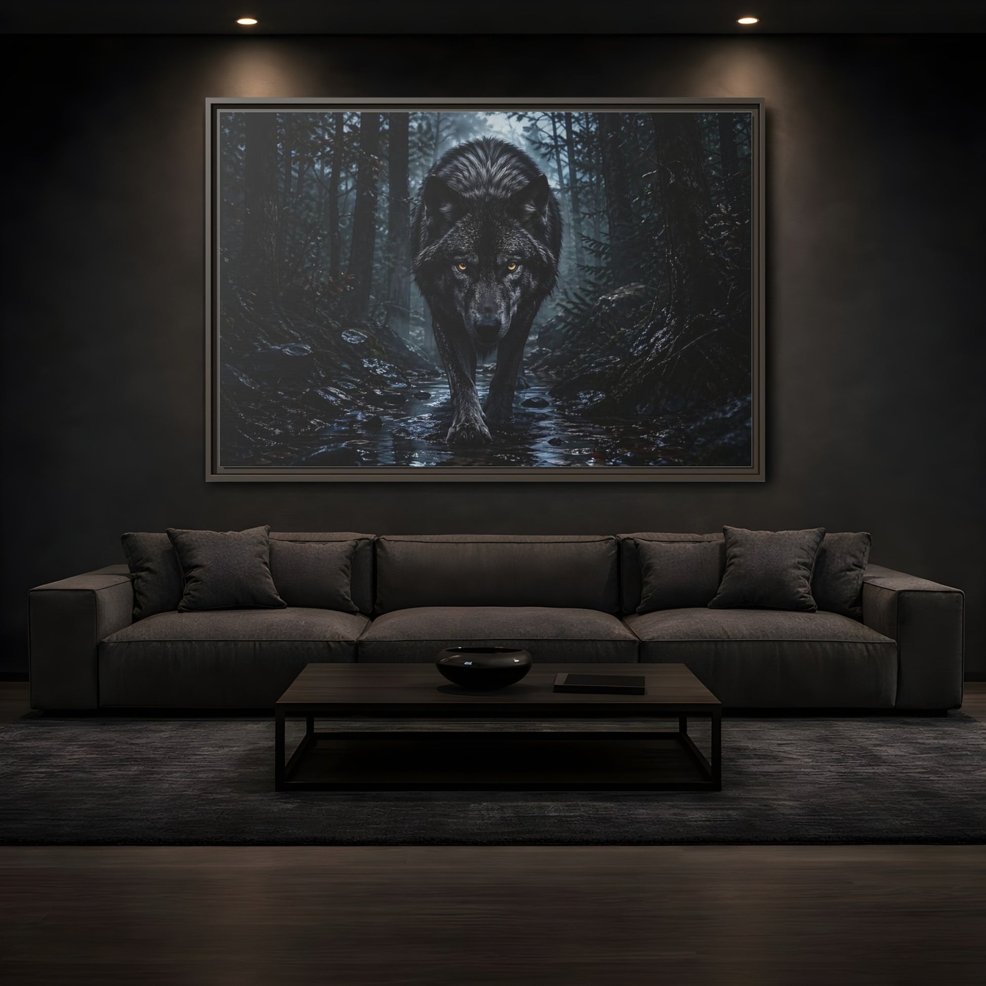 Mockup 3. Animals Black Wolf Black Wolf shown as stretched canvas wall art