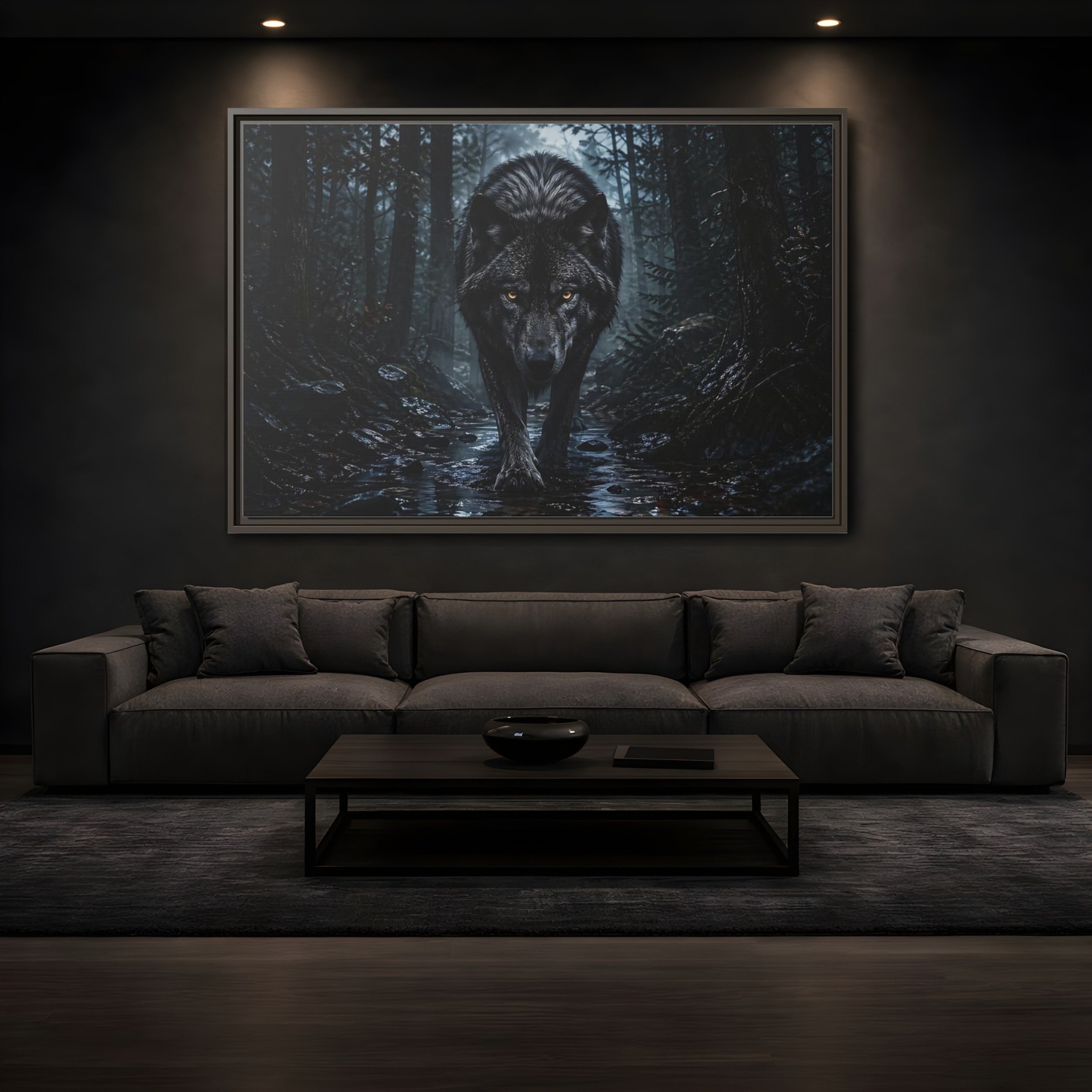 Mockup 3. Animals Black Wolf Black Wolf shown as stretched canvas wall art