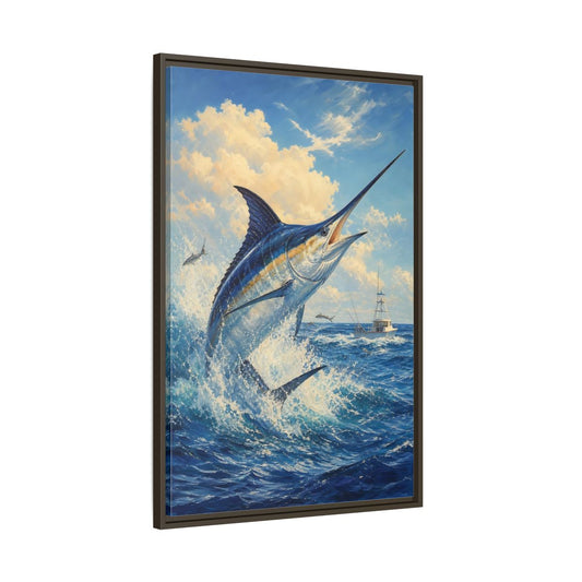 Main Mockup. Animals Blue Marlin Blue Ocean shown as stretched canvas wall art