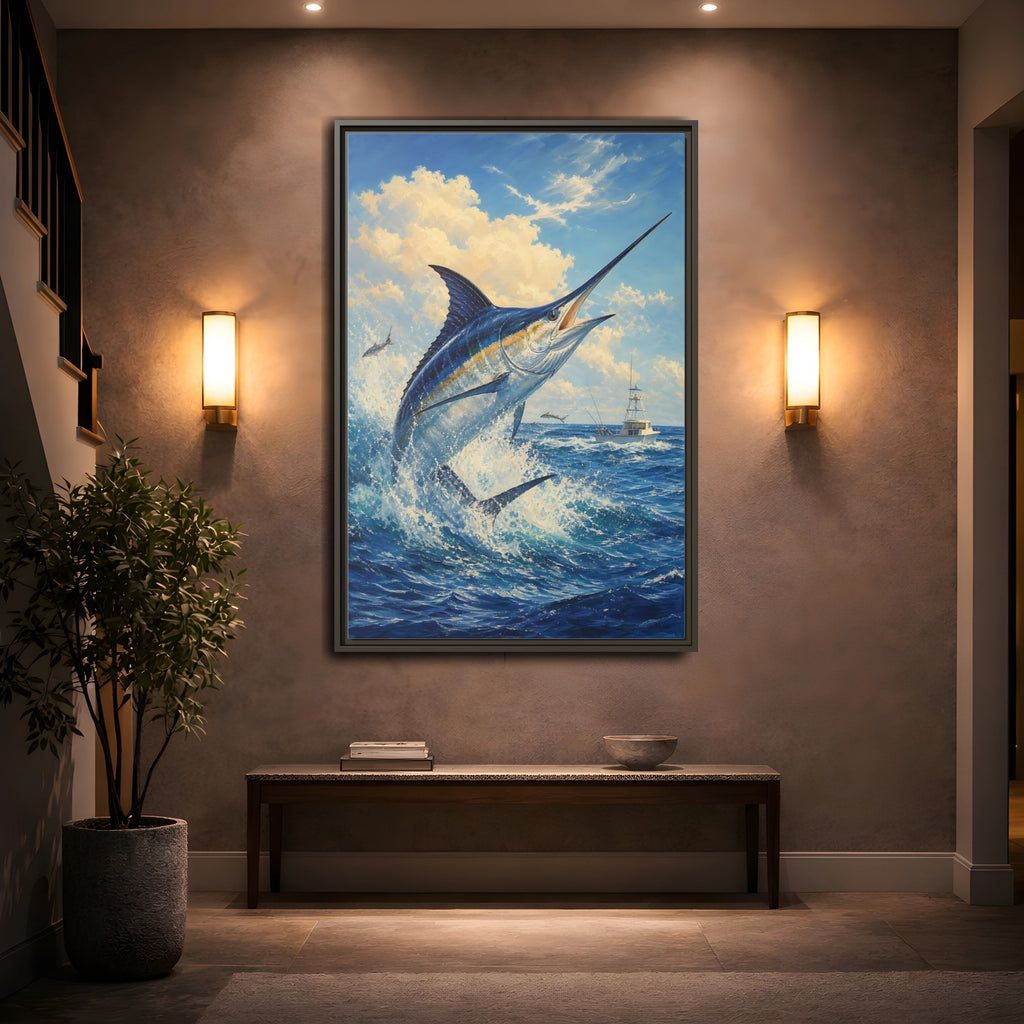 Mockup 2. Animals Blue Marlin Blue Ocean shown as stretched canvas wall art