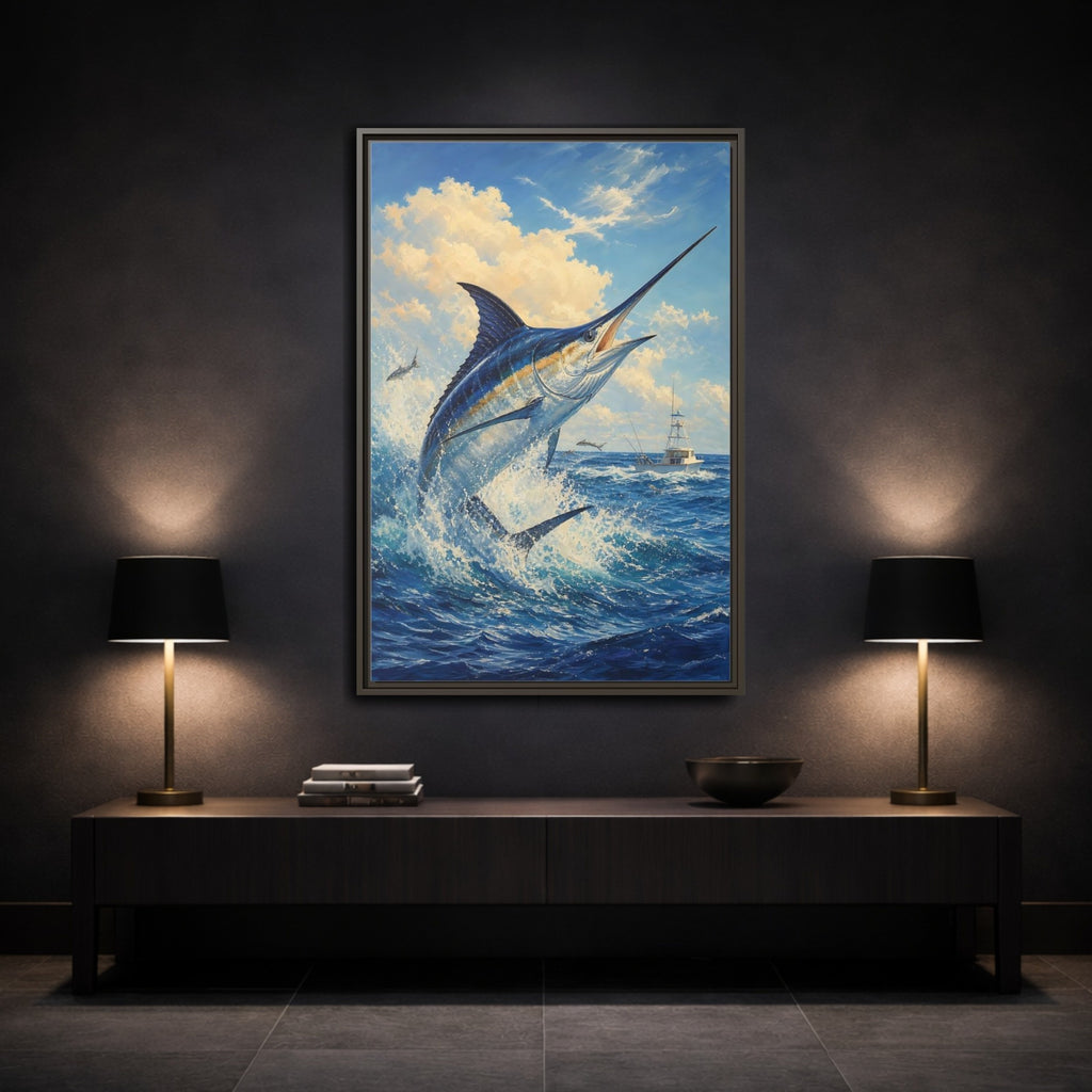 Mockup 3. Animals Blue Marlin Blue Ocean shown as stretched canvas wall art