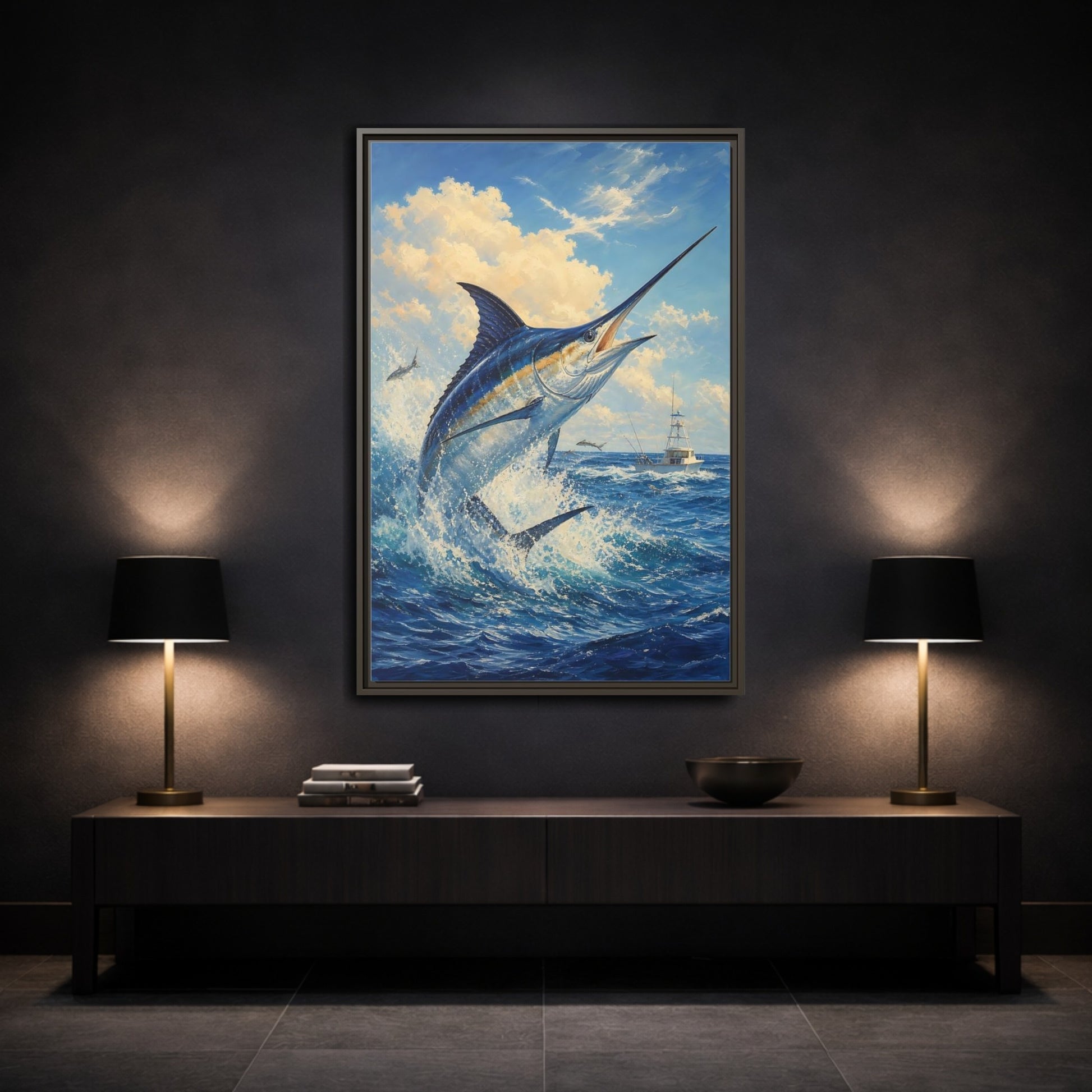 Mockup 3. Animals Blue Marlin Blue Ocean shown as stretched canvas wall art