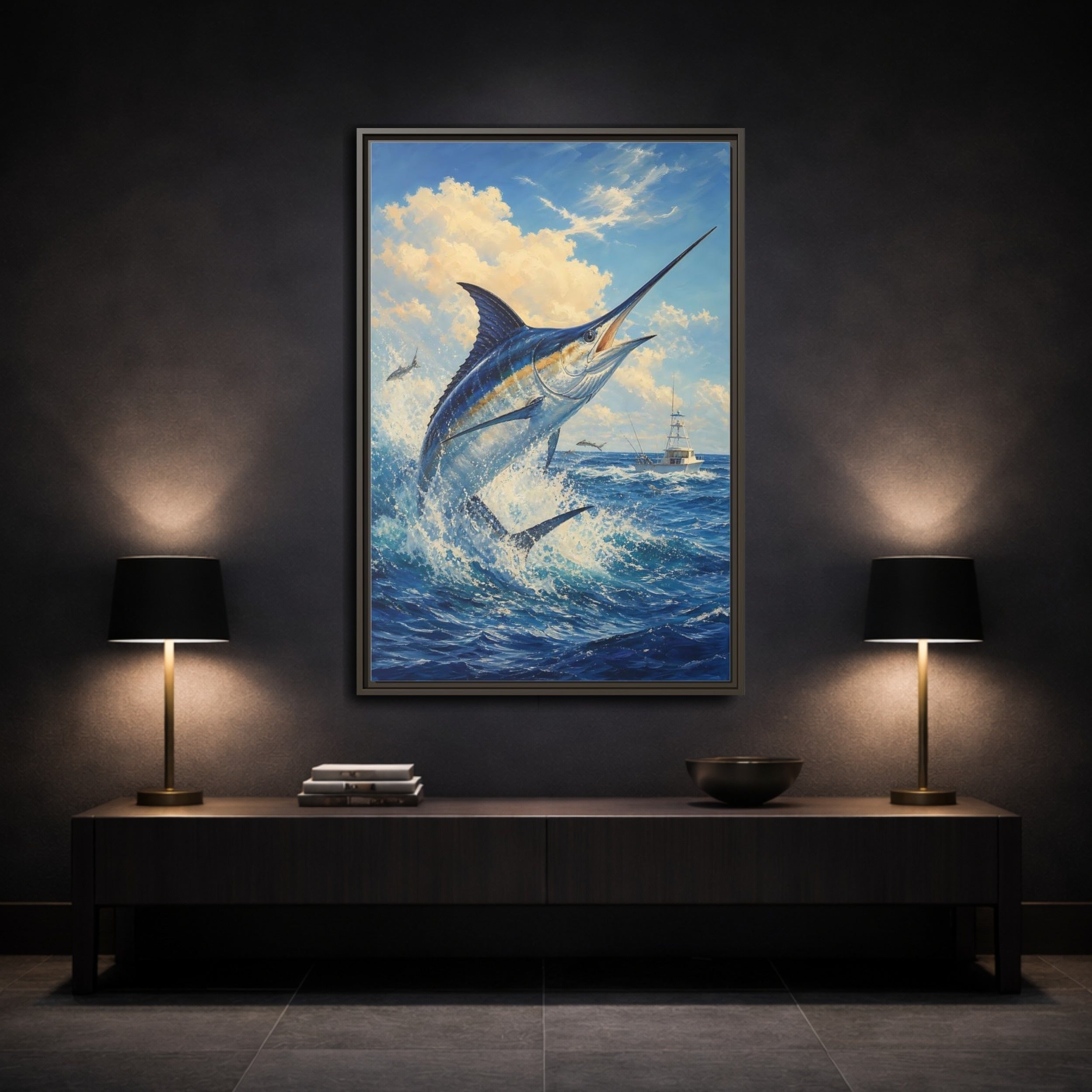 Mockup 3. Animals Blue Marlin Blue Ocean shown as stretched canvas wall art