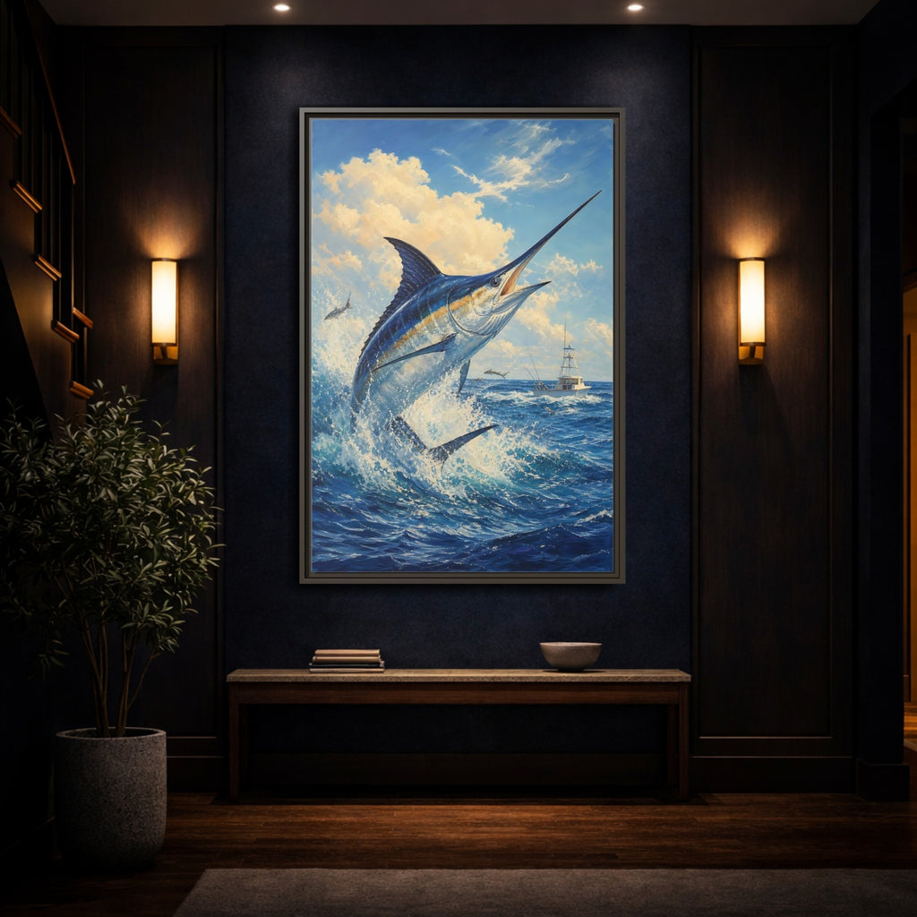Mockup 4. Animals Blue Marlin Blue Ocean shown as stretched canvas wall art
