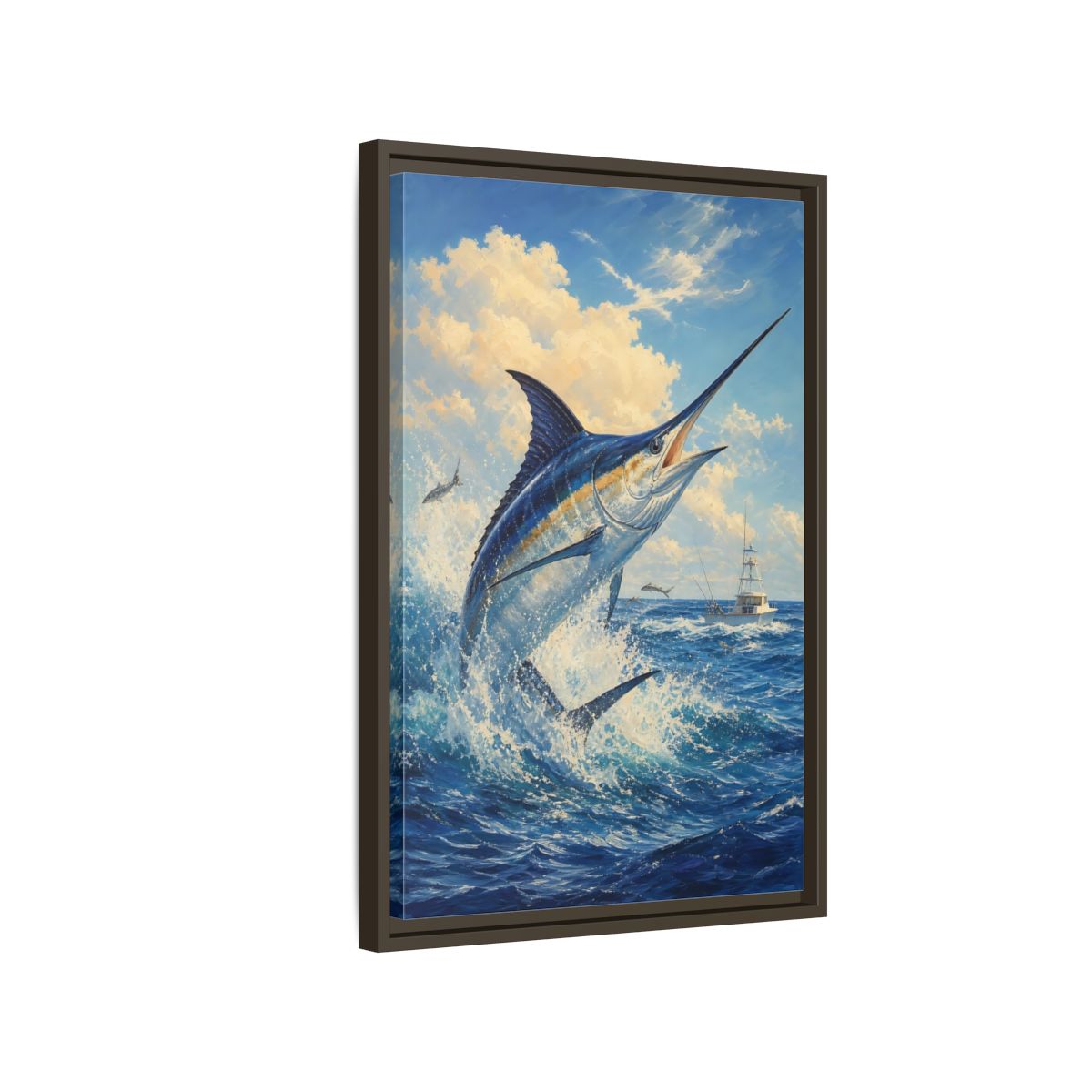 Side Mockup 2. Animals Blue Marlin Blue Ocean shown as stretched canvas wall art