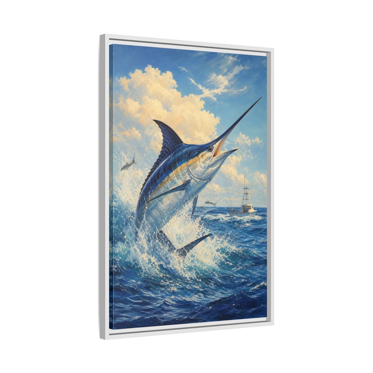Side Mockup 10. Animals Blue Marlin Blue Ocean shown as stretched canvas wall art