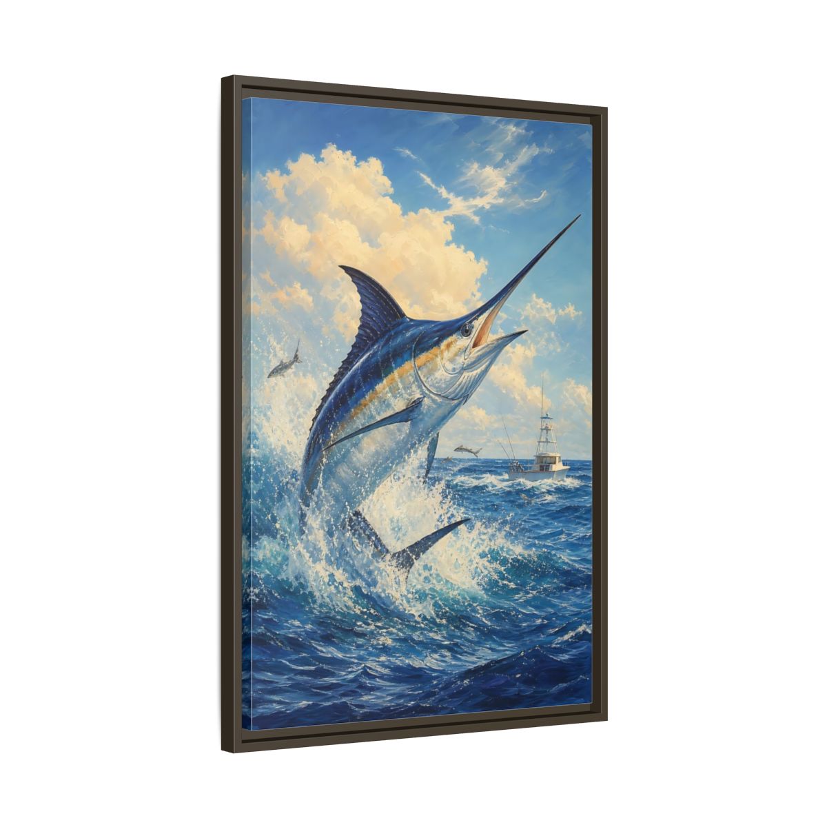 Side Mockup 11. Animals Blue Marlin Blue Ocean shown as stretched canvas wall art