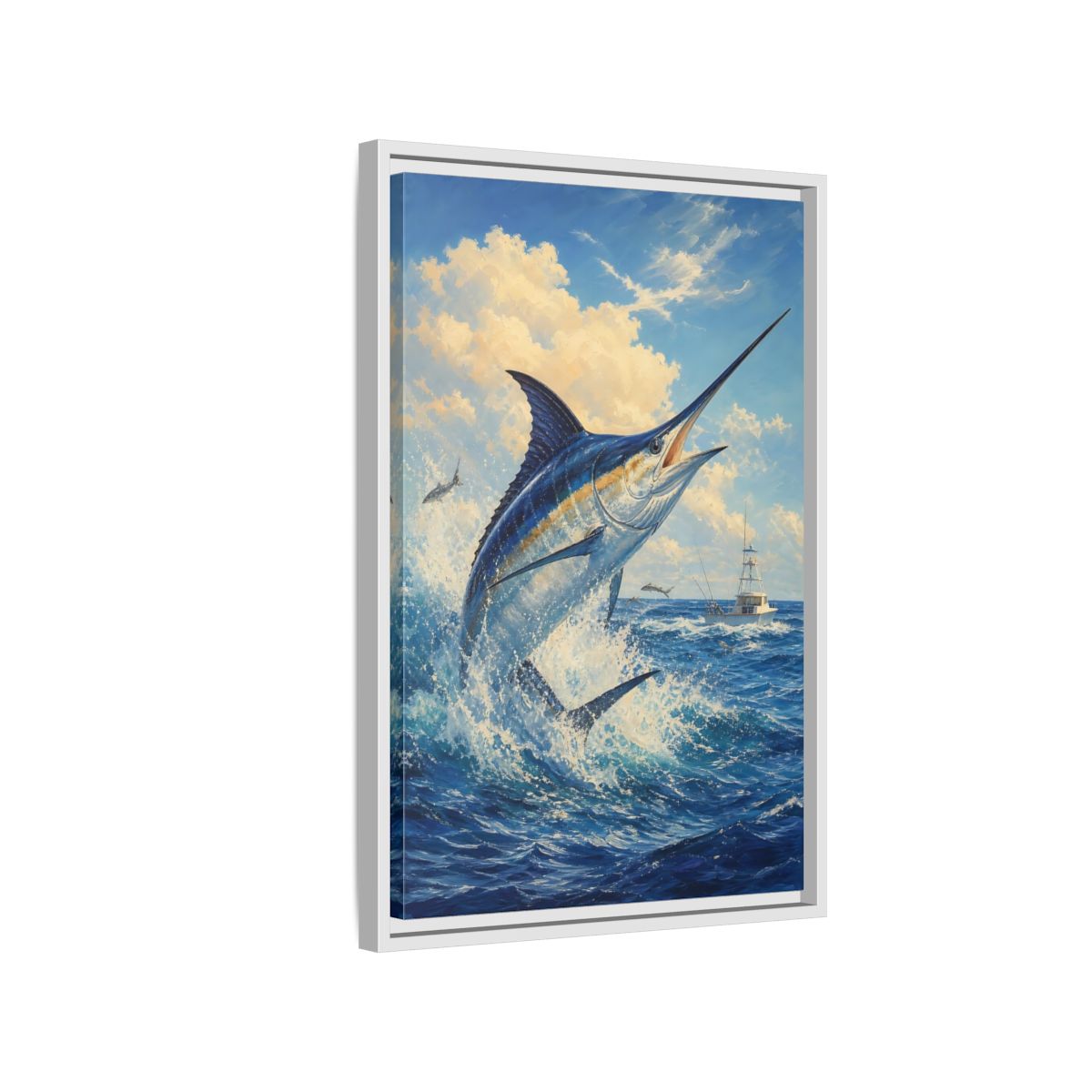 Side Mockup 1. Animals Blue Marlin Blue Ocean shown as stretched canvas wall art