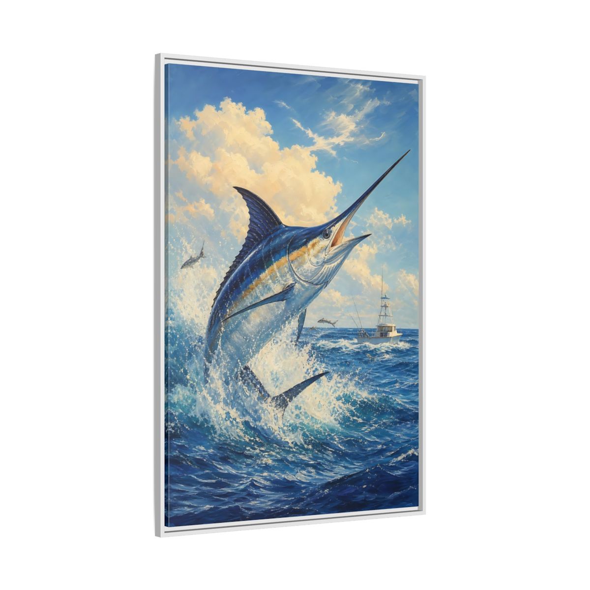 Side Mockup 7. Animals Blue Marlin Blue Ocean shown as stretched canvas wall art