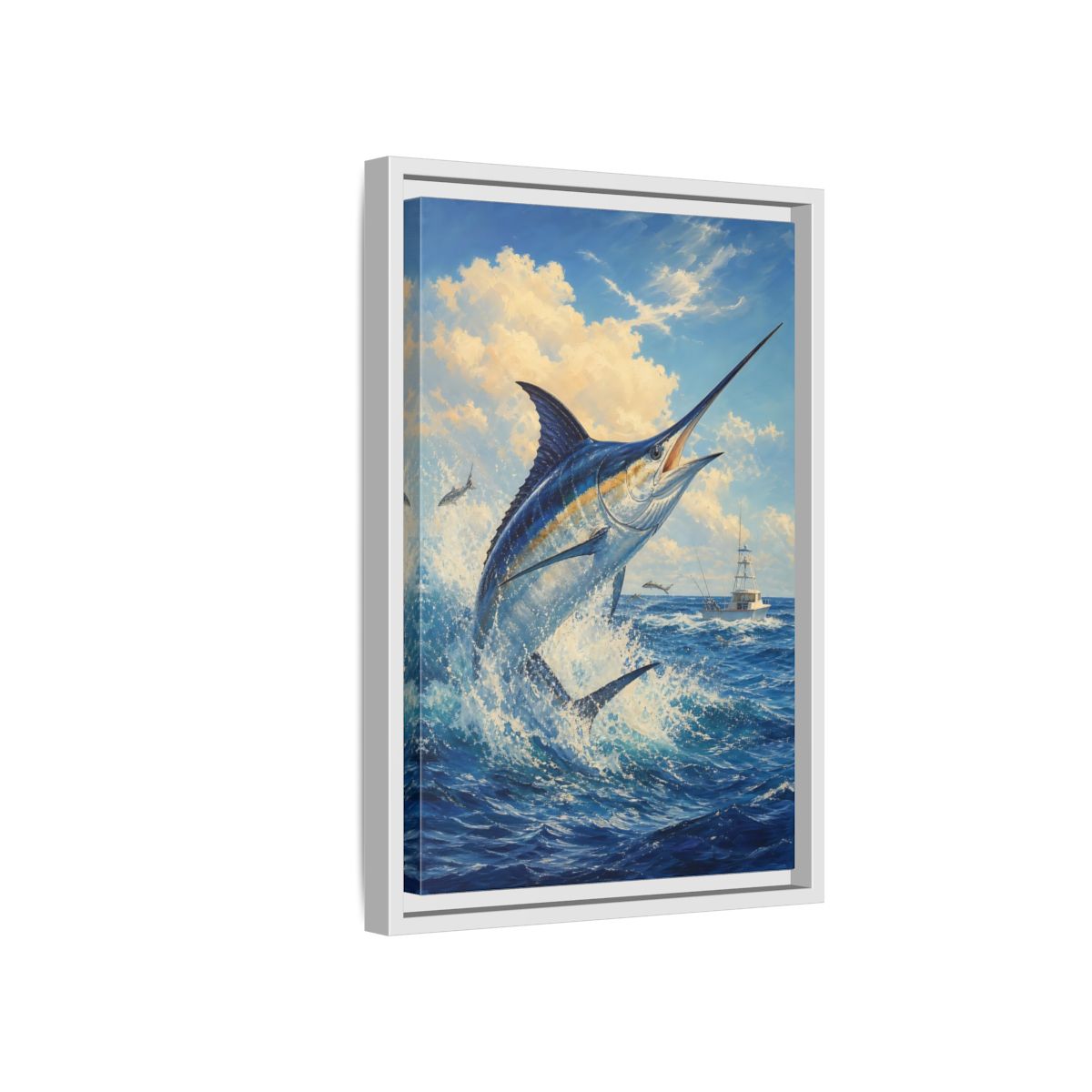 Side Mockup 4. Animals Blue Marlin Blue Ocean shown as stretched canvas wall art