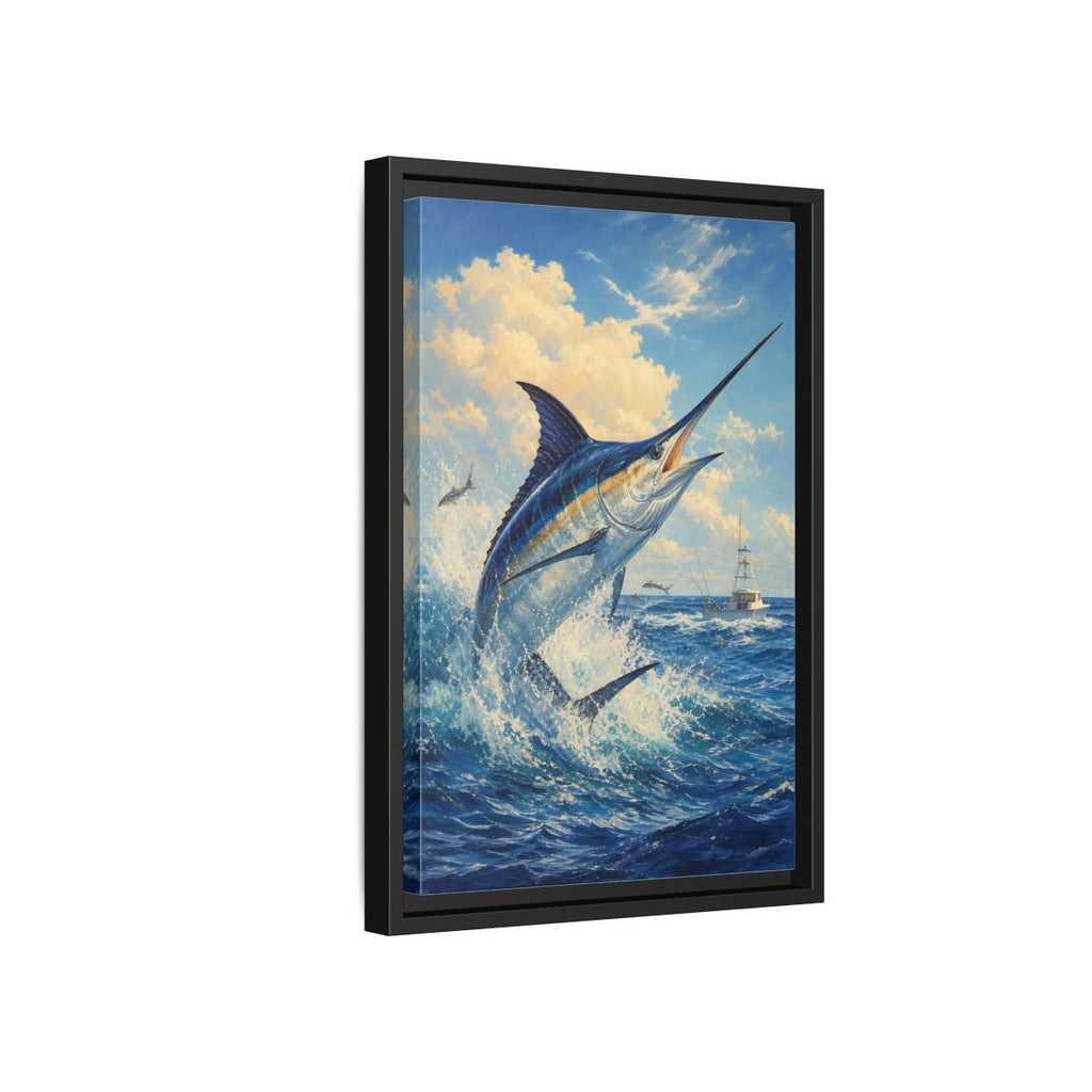 Side Mockup 6. Animals Blue Marlin Blue Ocean shown as stretched canvas wall art
