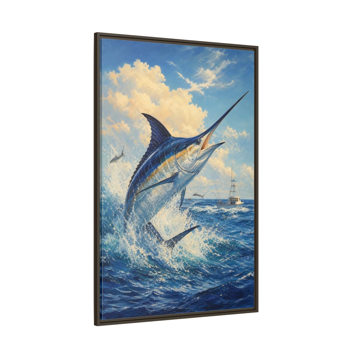 Side Mockup 8. Animals Blue Marlin Blue Ocean shown as stretched canvas wall art