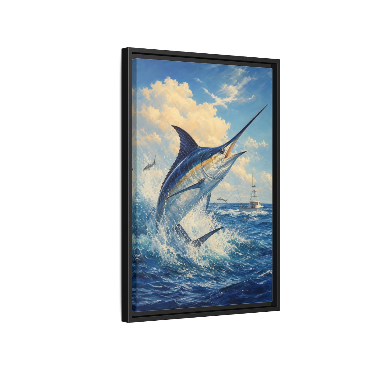 Side Mockup 3. Animals Blue Marlin Blue Ocean shown as stretched canvas wall art