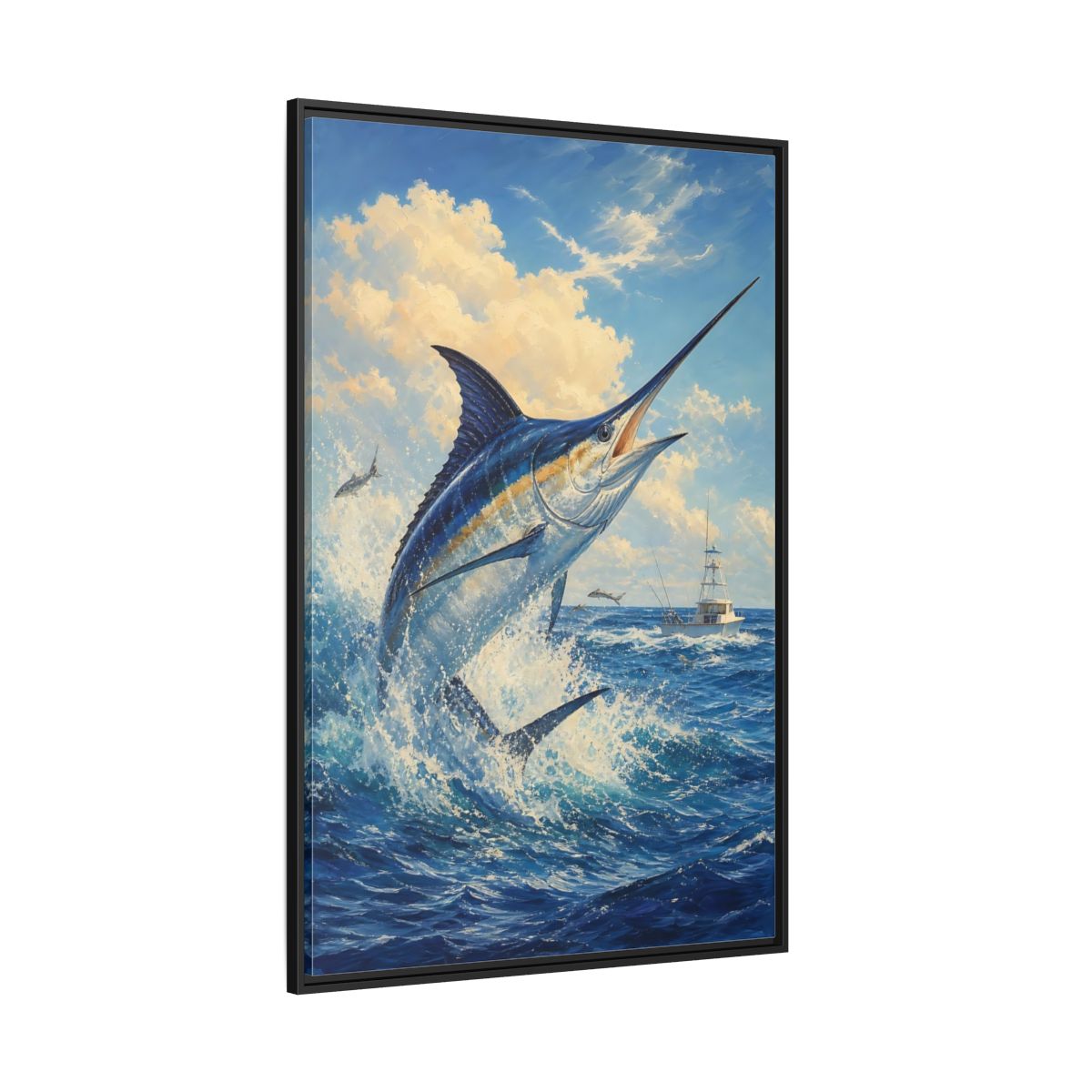 Side Mockup 12. Animals Blue Marlin Blue Ocean shown as stretched canvas wall art