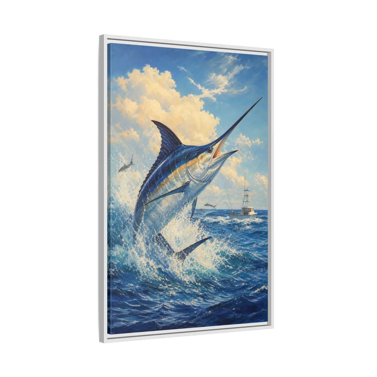 Side Mockup 9. Animals Blue Marlin Blue Ocean shown as stretched canvas wall art