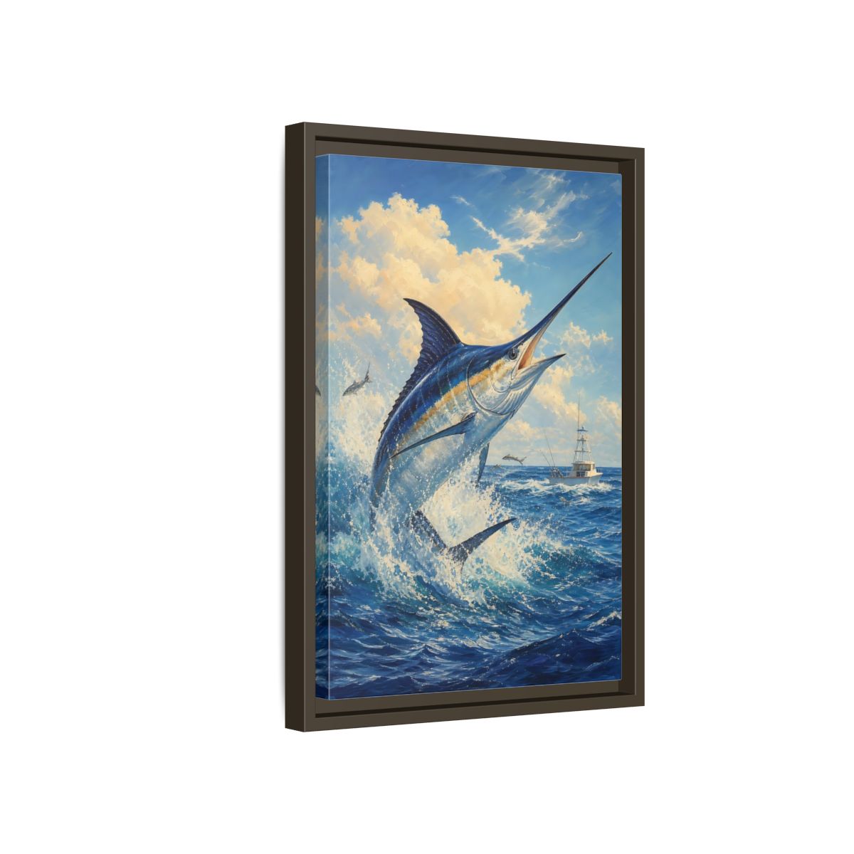 Side Mockup 5. Animals Blue Marlin Blue Ocean shown as stretched canvas wall art