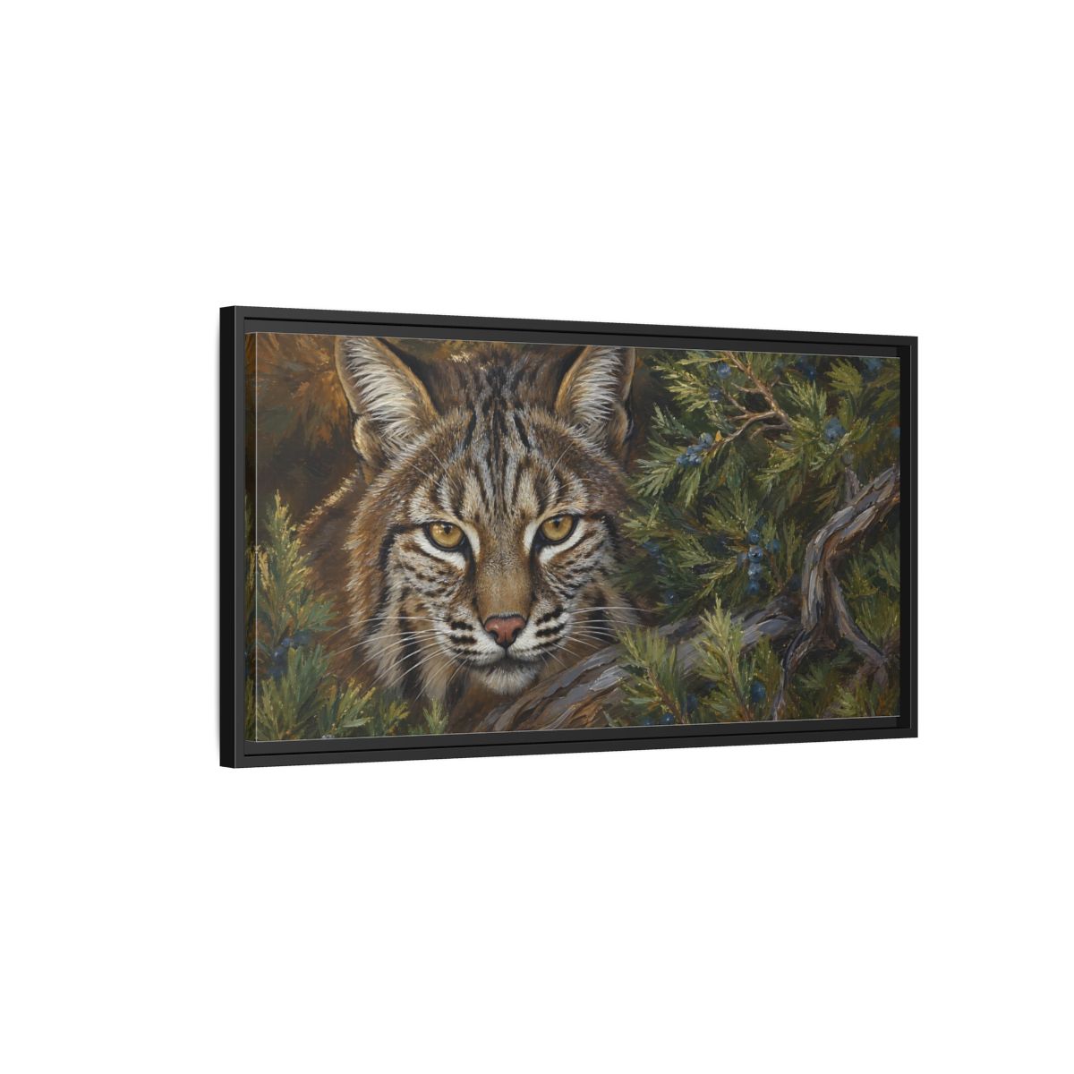 Side Mockup 2. Animals Bobcat Brown And Green Wildlife shown as stretched canvas wall art